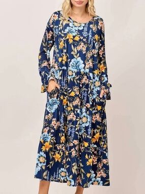 Celeste Navy Blue Floral Tiered Maxi Dress